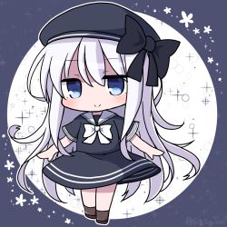 Rule 34 | 1girl, beret, black bow, black dress, black hat, blue eyes, bow, brown footwear, brown socks, chibi, closed mouth, commentary request, dress, full body, hair between eyes, hat, hat bow, hibiki (kancolle), highres, kantai collection, long hair, looking at viewer, rensei, sailor collar, sailor dress, shoes, short sleeves, smile, socks, solo, standing, very long hair, white bow, white hair, white sailor collar