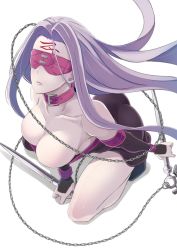 Rule 34 | 1girl, ass, bare shoulders, blindfold, breasts, butcha-u, chain, cleavage, collar, collarbone, commentary, dress, elbow gloves, facial mark, fate/stay night, fate (series), forehead mark, from above, gloves, highres, kneeling, large breasts, long hair, medusa (fate), medusa (rider) (fate), nameless dagger (fate), purple hair, sleeveless, solo, strapless, strapless dress, thighs, very long hair, white background