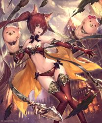 Rule 34 | 1girl, animal ears, bare shoulders, breasts, cerberus (shingeki no bahamut), cleavage, collarbone, elbow gloves, fangs, full body, gloves, hair between eyes, highres, hip focus, long hair, looking at viewer, medium breasts, navel, official art, open mouth, red hair, red thighhighs, shingeki no bahamut, sidelocks, smile, solo, stomach, tachikawa mushimaro, teeth, thighhighs, twintails, very long hair