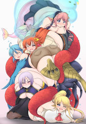Rule 34 | 10s, 6+girls, animal ears, arachne, arthropod girl, ass, bare shoulders, blonde hair, blue eyes, blue hair, blue wings, blush, breasts, centaur, centorea shianus, claws, cleavage, colored skin, extra eyes, fat, feathered wings, fins, gills, green eyes, green hair, hair ornament, hairclip, harpy, head fins, highres, horse ears, huge ass, insect girl, kurokaze no sora, lamia, large breasts, light purple hair, long hair, looking at viewer, maid headdress, mermaid, meroune lorelei, midriff, miia (monster musume), monster girl, monster musume no iru nichijou, multiple girls, obese, one eye closed, papi (monster musume), pink hair, plump, pointy ears, ponytail, purple skin, rachnera arachnera, red eyes, red hair, scales, shirt, silver hair, simple background, slime girl, spider girl, suu (monster musume), taur, webbed hands, white background, wings