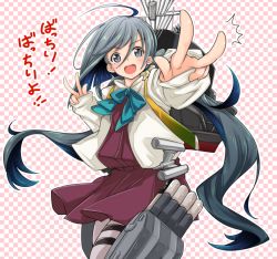 Rule 34 | 10s, 1girl, :d, ahoge, backpack, bag, blue hair, checkered background, collared shirt, double v, grey skirt, kantai collection, kiyoshimo (kancolle), long hair, long sleeves, looking at viewer, machinery, nikke (cherish), open mouth, outstretched arm, pantyhose, red skirt, shirt, simple background, skirt, smile, solo, thigh strap, translation request, twintails, v, very long hair, white shirt