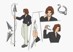 Rule 34 | 00s, 1boy, alternate hairstyle, brown hair, character sheet, hamrio musica, jewelry, lowres, male focus, model sheet, necklace, polearm, rave, solo, spear, weapon