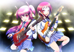 Rule 34 | 10s, 2girls, absurdres, angel beats!, bad id, bad pixiv id, cable, guitar, highres, instrument, iwasawa masami, long hair, multiple girls, ogata sai, one eye closed, open mouth, pink eyes, pink hair, plectrum, red eyes, red hair, saifa, school uniform, short hair, twintails, two side up, wink, yui (angel beats!)