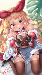 Rule 34 | 1girl, alternate costume, anchor symbol, azur lane, bare shoulders, black footwear, black thighhighs, blonde hair, blush, bow, chocolate, collarbone, commission, food, gloves, hair bow, hair ornament, highres, holding, holding food, howe (pastry princess) (azur lane), jenkins (azur lane), long hair, looking at viewer, maid, red eyes, red ribbon, ribbon, shaded face, shadow, shoes, signature, simple background, sitting, skeb commission, solo, thigh strap, thighhighs, thighs, white ribbon, yam (yam6056)