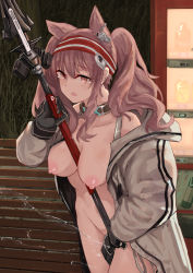 Rule 34 | 1girl, angelina (arknights), ao homura, arknights, between legs, black gloves, blush, breasts, breasts out, brown eyes, brown hair, chinese commentary, commentary, cowboy shot, earpiece, exhibitionism, gloves, grass, hairband, holding, holding staff, hood, hooded jacket, infection monitor (arknights), jacket, long hair, looking at viewer, medium breasts, mixed-language commentary, naked jacket, nipples, no bra, no panties, open clothes, open jacket, open mouth, outdoors, public indecency, solo, staff, twintails, unzipped, vending machine, white jacket