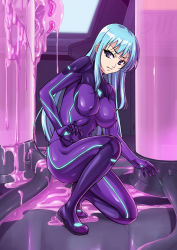 Rule 34 | 1girl, blue eyes, blue hair, bodysuit, breasts, container, crack, covered erect nipples, full body, kneeling, kuroshiti, laboratory, large breasts, latex, leaking, long hair, monster, on one knee, original, purple bodysuit, science fiction, skin tight, slime (substance), solo focus, stasis tank, tank (container)