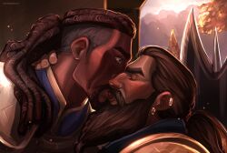 Rule 34 | 2boys, absurdres, armor, bara, beard, brown hair, couple, dark-skinned male, dark skin, dragon age, dragon age: absolution, dragon age absolution, dwarf, earrings, facial hair, french kiss, from side, goatee, hand on another&#039;s neck, hava (haverdoodles), highres, interracial, jewelry, kiss, lacklon (dragon age), long beard, male focus, mature male, multiple boys, roland (dragon age), sunlight, thick eyebrows, undercut, upper body, yaoi