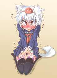 Rule 34 | 1girl, alternate costume, animal ear fluff, animal ears, black thighhighs, blue sailor collar, blue shirt, blue skirt, blush, brown background, clenched hands, embarrassed, fang, female focus, flat chest, flying sweatdrops, from above, full-face blush, full body, hat, have to pee, inubashiri momiji, kneeling, long sleeves, looking at viewer, looking up, miniskirt, narumiya (narumiya), neckerchief, open mouth, own hands together, pleated skirt, red eyes, red hat, red neckerchief, remote control vibrator, sailor collar, school uniform, seiza, serafuku, sex toy, shirt, short hair, simple background, sitting, skindentation, skirt, solo, sweat, tail, tears, textless version, thigh gap, thighhighs, tokin hat, too many, too many sex toys, touhou, trembling, v arms, vibrator, vibrator cord, vibrator in thighhighs, vibrator under clothes, white hair, wolf ears, wolf tail