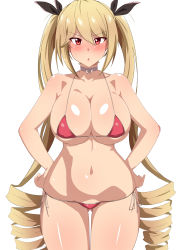 Rule 34 | 1girl, absurdres, azur lane, bikini, black ribbon, blonde hair, blush, bow choker, breasts, cleavage, collarbone, commentary request, frown, gluteal fold, hair between eyes, hair ribbon, hands on own hips, highres, large breasts, lips, long hair, looking at viewer, micro bikini, navel, nelson (azur lane), parted lips, red bikini, red eyes, ribbon, seihekiog, shiny skin, side-tie bikini bottom, simple background, solo, standing, swimsuit, thigh gap, twintails, very long hair, white background
