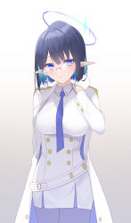 Rule 34 | absurdres, alternate hair length, alternate hairstyle, arm behind head, armband, bell, belt, black hair, blue archive, blue eyeliner, blue eyes, blue hair, blue necktie, breasts, coat, collared dress, colored inner hair, cowbell, dress, eyeliner, glasses, gloves, halo, highres, large breasts, midorino eni, multicolored hair, necktie, pointy ears, rin (blue archive), white belt, white coat, white gloves