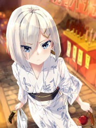 Rule 34 | 1girl, absurdres, bag, banner, blue eyes, blurry, blurry background, breasts, candy apple, chocolate banana, closed mouth, commentary request, eyes visible through hair, food, food stand, foreshortening, frown, grey hair, hair ornament, hair over one eye, hairclip, hamakaze (kancolle), highres, holding, holding bag, holding food, holding skewer, japanese clothes, kantai collection, kimono, large breasts, looking at viewer, night, obijime, official alternate costume, short hair, skewer, solo, summer festival, white kimono, yamamori oyatsu, yukata