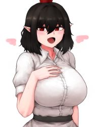 Rule 34 | 1girl, :d, arm at side, black hair, breasts, collared shirt, detached wings, dress shirt, eyebrows hidden by hair, fang, formicid, hair between eyes, hand on own chest, hand up, hat, highres, huge breasts, impossible clothes, impossible shirt, looking at viewer, medium hair, mini wings, mole, mole under eye, open mouth, pointy ears, puffy short sleeves, puffy sleeves, red eyes, red hat, shameimaru aya, shirt, short sleeves, simple background, skin fang, smile, solo, tokin hat, touhou, upper body, white background, white shirt, wing collar, wings