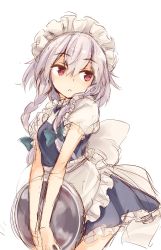 Rule 34 | 1girl, apron, bow, braid, cowboy shot, green bow, hair between eyes, hair bow, highres, holding, holding tray, izayoi sakuya, looking to the side, maid, maid headdress, oborofu, open mouth, red eyes, short sleeves, side braid, simple background, solo, touhou, tray, twin braids, waist apron, white apron, white background, white hair