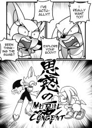 Rule 34 | 1boy, 1girl, absurdres, angry, artist name, bat girl, bat wings, boots, chinese text, comic, elbow gloves, english text, full body, furry, furry female, furry male, gloves, greyscale, highres, knuckles the echidna, monochrome, multiple views, rouge the bat, sharp teeth, sonic (series), speech bubble, tail, teeth, violet-madness, vs, wings