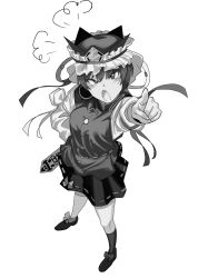 Rule 34 | 1girl, puff of air, bow, epaulettes, footwear bow, frilled hat, frills, from above, full body, greyscale, hat, highres, long sleeves, monochrome, open mouth, pointing, pointing at viewer, ribbon-trimmed skirt, ribbon trim, rod of remorse, shiki eiki, shirt, shoes, simple background, single sock, skirt, socks, solo, touhou, turtle-kun
