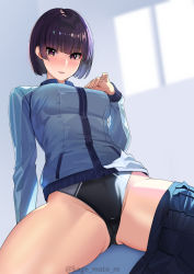 Rule 34 | 1girl, absurdres, arm support, black eyes, blurry, blurry background, blush, bob cut, competition swimsuit, gluteal fold, highres, jacket, kagematsuri, looking at viewer, one-piece swimsuit, original, purple hair, short hair, sitting, skirt, unworn skirt, solo, spread legs, swimsuit, swimsuit under clothes, thighs, tsurime, twitter username, window, zipper