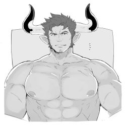 Rule 34 | 1boy, abs, agielba, bara, blush, close-up, draph, facial hair, granblue fantasy, greyscale, horns, large pectorals, male focus, manly, monochrome, muscular, nabana (bnnbnn), nipples, pectoral focus, pectorals, topless male, sideburns, smile, solo, upper body