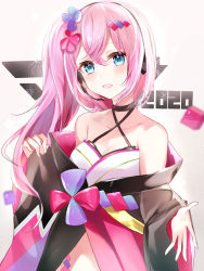 Rule 34 | 1girl, 2020, absurdres, bare shoulders, black kimono, blue eyes, blush, collarbone, criss-cross halter, flower, hair flower, hair ornament, halterneck, headphones, headset, highres, japanese clothes, kimono, light blush, light smile, long hair, looking at viewer, magical mirai (vocaloid), magical mirai luka, megurine luka, midriff, open mouth, outstretched hand, pink hair, ponytail, reaching, reaching towards viewer, solo, tsukasa (pixiv34617881), upper body, vocaloid