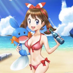 Rule 34 | 1girl, :d, beach, bikini, blue eyes, blue sky, bottle, bow, breasts, brown hair, cleavage, cloud, creatures (company), drinking straw, game freak, gen 3 pokemon, hair bow, holding, holding pokemon, looking at viewer, may (pokemon), medium breasts, milmil7, mudkip, navel, nintendo, ocean, open mouth, pokemon, pokemon (anime), pokemon (creature), pokemon oras, pokemon ranger and the temple of the sea, pokemon rse (anime), red bikini, red bow, sand, sky, smile, swimsuit, twitter username, water bottle