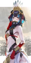 Rule 34 | 1girl, absurdres, asarino, ass, bare shoulders, black hair, blood, blood on hands, blue hair, bracer, breasts, cloud, cloudy sky, colored inner hair, detached collar, facepaint, fate/grand order, fate (series), feathers, grey eyes, grey sky, halterneck, headdress, high collar, highres, looking at viewer, looking back, multicolored hair, open mouth, rain, sash, short hair, sidelocks, sky, small breasts, solo, tassel, tenochtitlan (fate), tenochtitlan (first ascension) (fate), thighs, wet