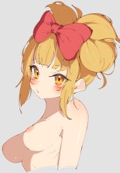 Rule 34 | 1girl, absurdres, alternate hairstyle, bare shoulders, blonde hair, boku no hero academia, bow, breasts, cinnamiku hairstyle, completely nude, hair bow, highres, medium breasts, nipples, nude, rasusurasu, red bow, short hair, simple background, solo, toga himiko, upper body, yellow eyes