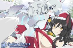 2girls :o ahri_(league_of_legends) animal_ears artist_name bell blue_eyes blush body_fur breasts brown_hair covered_erect_nipples fang fox_ears furry furry_female grey_hair hat kindred_(league_of_legends) lamb_(league_of_legends) large_breasts league_of_legends long_hair medium_breasts multiple_girls nail_polish neck_bell orange_eyes red_hat red_nails red_thighhighs santa_hat sheep_ears sheep_tail slit_pupils sollyz tail thighhighs