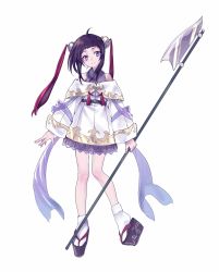 Rule 34 | 1girl, ahoge, bad id, bad twitter id, bare shoulders, black hair, blunt bangs, closed mouth, commentary request, full body, glaive (polearm), hair ornament, highres, holding, holding weapon, long sleeves, looking at viewer, maruchi, platform clogs, platform footwear, polearm, purple eyes, sandals, simple background, smile, solo, standing, standing on one leg, tabi, weapon, white background, white legwear
