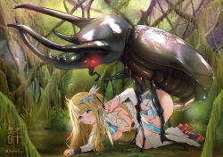 Rule 34 | 1girl, actskyo, all fours, artist request, ass, azur lane, beetle, bestiality, blonde hair, bug, centaur (azur lane), doggystyle, elf, giant insect, height difference, highres, insect, long hair, nature, original, pointy ears, rape, rhinoceros beetle, sex, sex from behind, tongue