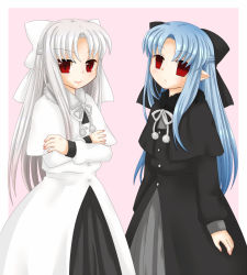 Rule 34 | 2girls, black bow, black dress, blue hair, bow, crossed arms, dress, hair bow, hekikuu (kanaderuyume), highres, len (tsukihime), long hair, looking at viewer, melty blood, multiple girls, pink background, pointy ears, red eyes, tsukihime, white bow, white dress, white hair, white len (tsukihime)