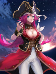 Rule 34 | 1girl, belt, blue eyes, breasts, cleavage, corset, detached collar, ema (kuguiema), fate/extra, fate (series), francis drake (fate), grin, hand on own hip, hand up, hat, high-waist pants, highres, large breasts, long hair, looking at viewer, pants, parted bangs, pink hair, pirate hat, red vest, revision, scar, scar on face, sky, smile, solo, star (sky), starry sky, sunset, very long hair, vest, white pants, wrist cuffs