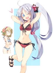 Rule 34 | 1girl, ahoge, alice margatroid, alternate hairstyle, armpits, arms up, bikini, bikini top only, blonde hair, blue bikini, blue eyes, blush, bow, breasts, cleavage, colorized, crossed arms, flower, hair bobbles, hair flower, hair ornament, halterneck, heart, long hair, looking at viewer, looking down, low-tied long hair, midriff, nail polish, navel, one eye closed, open mouth, panties, red bikini, revision, sandals, satou kibi, shinki (touhou), short hair, side-tie bikini bottom, side ponytail, silver hair, simple background, sketch, smile, solo focus, sparkle, string bikini, striped bikini, striped clothes, swimsuit, thigh gap, toenail polish, toenails, touhou, touhou (pc-98), underwear, very long hair