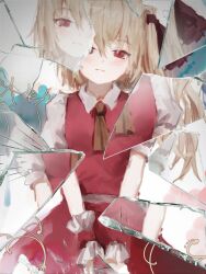 Rule 34 | 1girl, app filter, ascot, broken glass, closed mouth, commentary, english commentary, flandre scarlet, glass, hair ribbon, highres, looking at viewer, red eyes, red ribbon, red skirt, red vest, reddizen, ribbon, shirt, short sleeves, skirt, solo, touhou, vest, white shirt, wrist cuffs, yellow ascot
