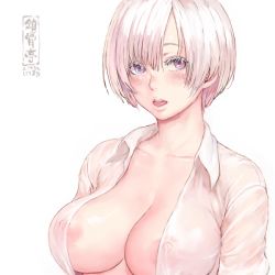 Rule 34 | 1girl, breasts, collared shirt, commentary request, eyelashes, large breasts, looking at viewer, nipples, open clothes, open shirt, original, parted lips, purple eyes, shirt, short hair, shu-mai, simple background, solo, upper body, wet, wet clothes, wet shirt, white background, white hair, white shirt