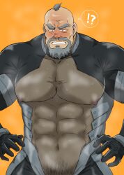 Rule 34 | 1boy, abs, bald spot, bara, bare pectorals, beard, blush, bodysuit, bullbuster, cowboy shot, facial hair, goatee, highres, huge eyebrows, huge pectorals, looking at crotch, male focus, male pubic hair, mature male, muscular, muscular male, mustache, mutou ginnosuke, nipples, old, old man, out-of-frame censoring, pectorals, pubic hair, revealing clothes, sanpaku, shigetashigezo, solo, steaming body, strongman waist, sweat, thick beard, thick eyebrows, very sweaty, wrinkled skin