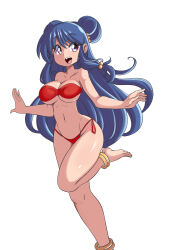 Rule 34 | 1girl, absurdres, barefoot, bikini, breasts, cleavage, highres, large breasts, looking at viewer, lucyfer, navel, open mouth, pink eyes, purple hair, ranma 1/2, red bikini, shampoo (ranma 1/2), simple background, smile, solo, swimsuit, white background