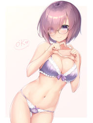Rule 34 | 1girl, alternate costume, bare arms, bare shoulders, black-framed eyewear, blush, border, bra, breasts, cleavage, closed mouth, collarbone, cowboy shot, eyes visible through hair, fate/grand order, fate (series), glasses, gluteal fold, hair over one eye, hands on own chest, heart, heart hands, leaning to the side, looking at viewer, mash kyrielight, medium breasts, navel, nullken, outside border, panties, pink hair, purple bra, purple eyes, purple panties, short hair, simple background, smile, solo, speech bubble, stomach, thigh gap, underwear, underwear only, white border, yellow background