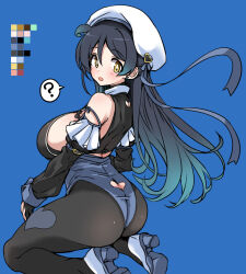 Rule 34 | 1girl, ?, ahoge, arm belt, ass, ass cutout, black hair, black pantyhose, blue background, blue footwear, blue leotard, breasts, butt crack, clothing cutout, color guide, detached sleeves, floating hair, frills, gradient hair, hat, heart, hirowa nagi, kneeling, large breasts, leotard, long hair, multicolored hair, open mouth, original, pantyhose, shoes, sideboob, simple background, solo, spoken question mark, thong leotard, white hat, yellow eyes