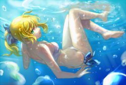 Rule 34 | 1girl, ahoge, artoria pendragon (all), artoria pendragon (fate), barefoot, bikini, blonde hair, bubble, exxe, fate/stay night, fate (series), feet, freediving, green eyes, official alternate costume, ponytail, saber (fate), short hair, solo, swimming, swimsuit, underwater, water