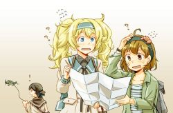 Rule 34 | 3girls, ?, aircraft, airplane, alternate costume, animal, animal on head, bandaid, bandaid on face, blonde hair, blue eyes, brown eyes, brown hair, casual, commentary request, crab, crab on head, fang, flying sweatdrops, folded ponytail, from behind, gambier bay (kancolle), gradient background, hairband, hand on own head, kantai collection, kasuga maru (kancolle), long hair, multiple girls, oboro (kancolle), on head, open mouth, shakeda mamoshirou, twintails