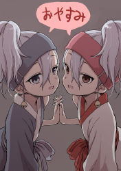 Rule 34 | 10s, 2girls, absurdres, bell, brown eyes, fingernails, grey background, headband, high ponytail, highres, holding hands, jingle bell, kikyou (kunoichi tsubaki no mune no uchi), kunoichi tsubaki no mune no uchi, looking at viewer, multiple girls, open mouth, purple eyes, purple hair, red headband, siblings, simple background, sisters, speech bubble, translation request, twins, uikyou (kunoichi tsubaki no mune no uchi), upper body, yamamoto souichirou