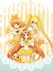 Rule 34 | 00s, 10s, 3girls, ;d, asymmetrical hair, blonde hair, boots, bow, brooch, brown eyes, brown hair, bubble skirt, choker, circlet, color connection, cure muse, cure muse (yellow), cure pine, cure sunshine, fresh precure!, frills, hair ornament, hair ribbon, heart, heart brooch, heart hair ornament, heartcatch precure!, knee boots, long hair, long sleeves, magical girl, midriff, multiple girls, myoudouin itsuki, one eye closed, open mouth, orange bow, orange skirt, precure, puffy short sleeves, puffy sleeves, red eyes, ribbon, shirabe ako, short hair, short sleeves, side ponytail, skirt, smile, striped, striped background, suite precure, twintails, vertical stripes, wink, wrist cuffs, yamabuki inori, yellow background, yellow bow, yellow eyes, yellow skirt, yellow theme, yukinabe (pixiv944737)