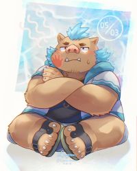 Rule 34 | 1boy, animal ears, animal nose, bad id, bad twitter id, blue hair, blush, dated, fat, fat man, furry, furry male, ganglie (housamo), highres, jewelry, male focus, necklace, pig boy, pig ears, pig nose, ragun (lagoon bluebear), sandals, shadow, sharp toenails, signature, simple background, sitting, slap mark, slap mark on face, solo, sweatdrop, tears, thick eyebrows, toenails, tokyo houkago summoners, tusks, twitter username, white background