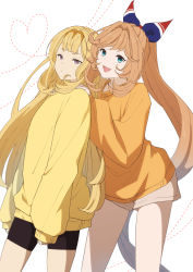 Rule 34 | 2girls, alternate costume, bike shorts, blonde hair, brown hair, brown shorts, cagliostro (granblue fantasy), casual, clarisse (granblue fantasy), closed mouth, feet out of frame, granblue fantasy, green eyes, hair intakes, hairband, hand on another&#039;s shoulder, long hair, long sleeves, looking at viewer, mifuta, multiple girls, open mouth, orange sweater, pony (animal), purple eyes, shorts, sleeves past wrists, smile, standing, sweater, yellow sweater