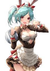 Rule 34 | 1girl, :d, animal ears, atelier (series), atelier sophie, bad id, bad pixiv id, blue hair, blush, braid, braided bangs, breasts, cleavage, clothing cutout, dress, earrings, fake animal ears, hands up, highres, holding, jewelry, kanaria hisagi, large breasts, leotard, looking at viewer, medium hair, one side up, open mouth, playboy bunny, rabbit ears, red eyes, simple background, single earring, skirt, smile, solo, tess heitzmann, waving, white background