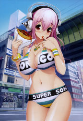 Rule 34 | 1girl, absurdres, bare shoulders, bikini, blush, bracelet, breasts, cameltoe, cleavage, eating, finger to mouth, food, groin, headphones, highres, holding, jewelry, large breasts, long hair, looking at viewer, navel, necklace, nitroplus, red eyes, road, shop, sideboob, sky, solo, street, super sonico, sweat, swimsuit, tsuji santa