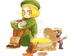 Rule 34 | 1girl, 2boys, blonde hair, campfire, coat, cooking, drooling, fate/grand order, fate (series), geronimo (fate), giant, giantess, green coat, highres, multiple boys, pantyhose, paul bunyan (fate), pot, sitting, thomas edison (fate), yellow eyes