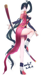 Rule 34 | 1girl, absurdres, arc system works, bare shoulders, black bra, black hair, blazblue, blazblue: calamity trigger, boots, bra, breasts, china dress, chinese clothes, cleavage, cleavage cutout, clothing cutout, detached sleeves, dress, early type, glasses, high heels, highres, lao jiu, large breasts, litchi faye ling, long hair, low-tied long hair, polearm, ponytail, red eyes, semi-rimless eyewear, shoes, solo, staff, standing, standing on one leg, underwear, very long hair, weapon, yin yang