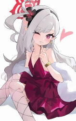 Rule 34 | 1girl, absurdres, blue archive, bracelet, dress, earrings, fishnet pantyhose, fishnets, flat chest, grey background, grey hair, halo, heart, highres, index finger raised, jewelry, long hair, looking at viewer, measho, mutsuki (blue archive), mutsuki (dress) (blue archive), official alternate costume, one eye closed, pantyhose, pointy ears, red dress, red halo, simple background, sitting, sleeveless, sleeveless dress, smile, white background