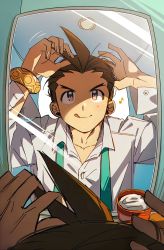 Rule 34 | 1boy, :q, absurdres, ace attorney, adjusting hair, apollo justice, apollo justice: ace attorney, aqua necktie, blouse, bracelet, brown eyes, brown hair, grgrton, highres, jewelry, long sleeves, male focus, mirror, musical note, necktie, shirt, solo, spiked hair, symbol-only commentary, tongue, tongue out, undone necktie, upper body, white shirt