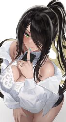 Rule 34 | 1girl, absurdres, azur lane, bare shoulders, black hair, blush, breasts, cellphone, chiyu1182, cleavage, green eyes, highres, jacket, jewelry, large breasts, licking lips, long hair, long sleeves, northampton (azur lane), phone, ring, smile, solo, thighs, tongue, tongue out